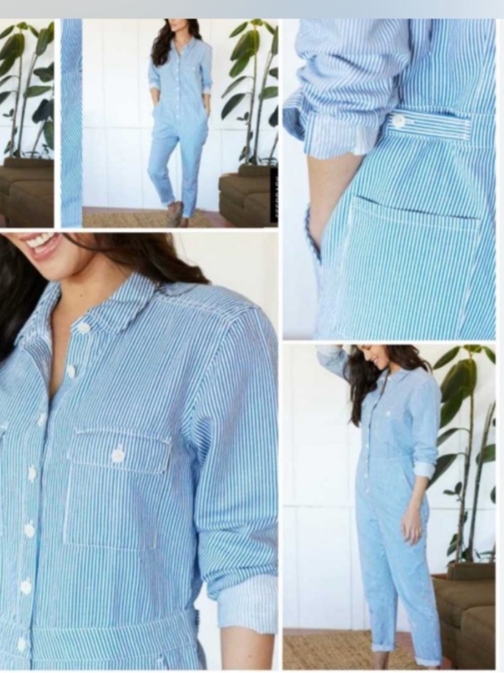 Outerknown Blue and White Pinstripe Jumpsuit